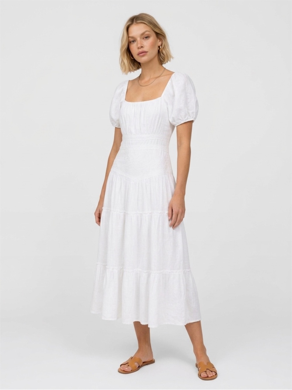 Altar'd State White Square-Neck Puff-Sleeve Tiered Midi Dress NWT size small